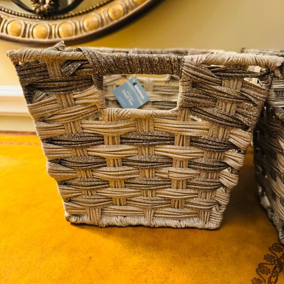 Whitmor Split Rattique Gray Wash Small Tote Sturdy Baskets Set of 3 NEW - Picture 12 of 13